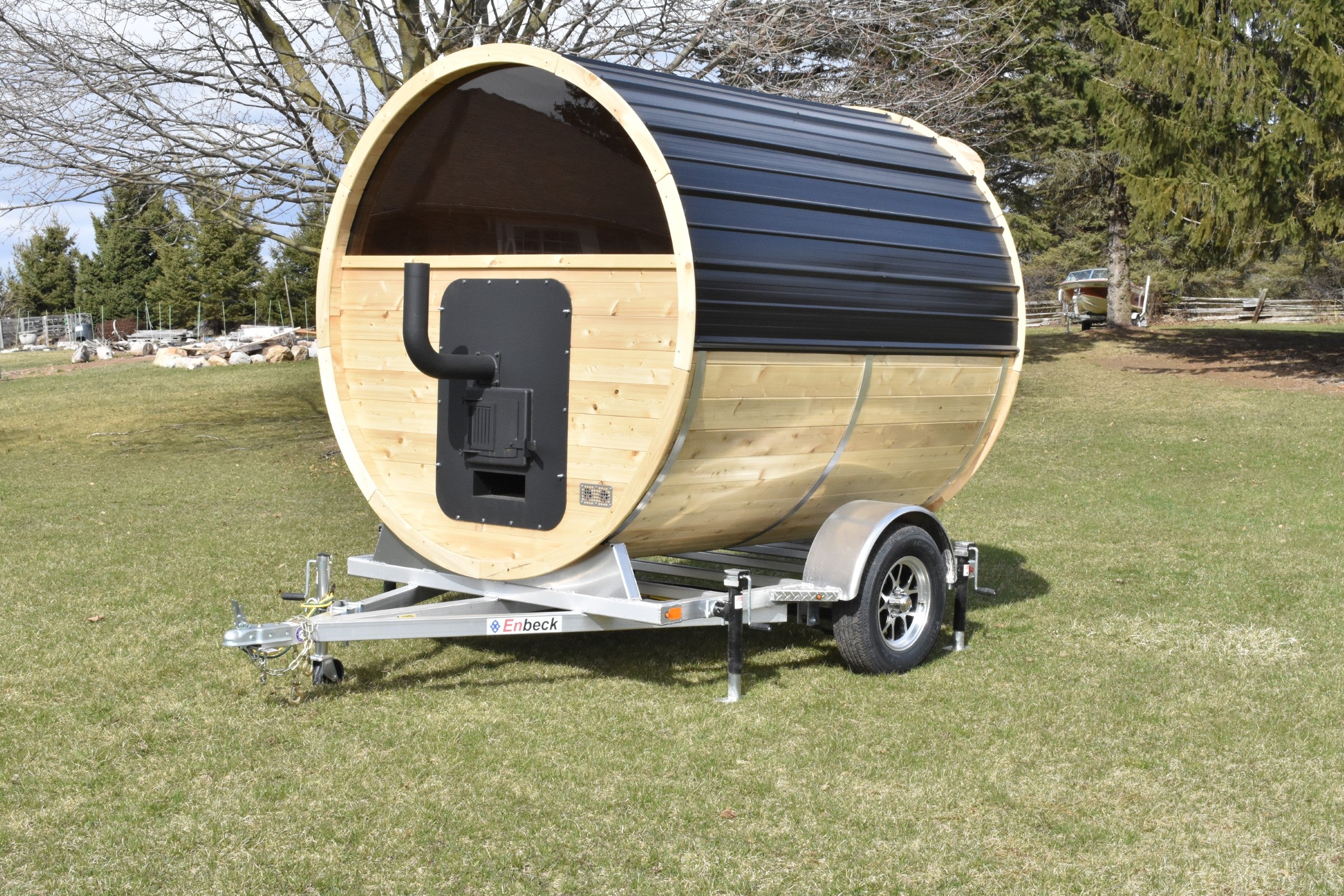 Enbeck Single Axle Aluminum Cedar Wood Fired Sauna Trailer w/ Half Moon Window & Aluminum Rims Speedway Trailers Guelph Cambridge Kitchener Ontario Canada