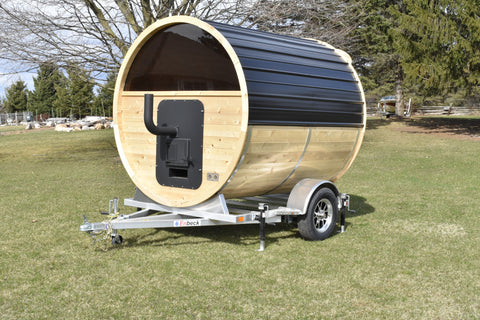 Enbeck Single Axle Aluminum Cedar Wood Fired Sauna Trailer w/ Half Moon Window & Aluminum Rims Speedway Trailers Guelph Cambridge Kitchener Ontario Canada